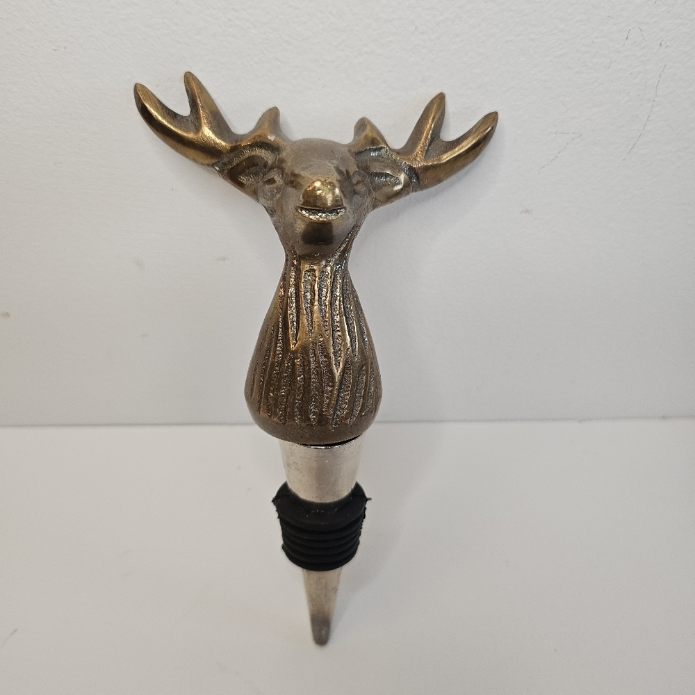 Brass Reindeer head wine bottle stopper gold tone Christmas decor
